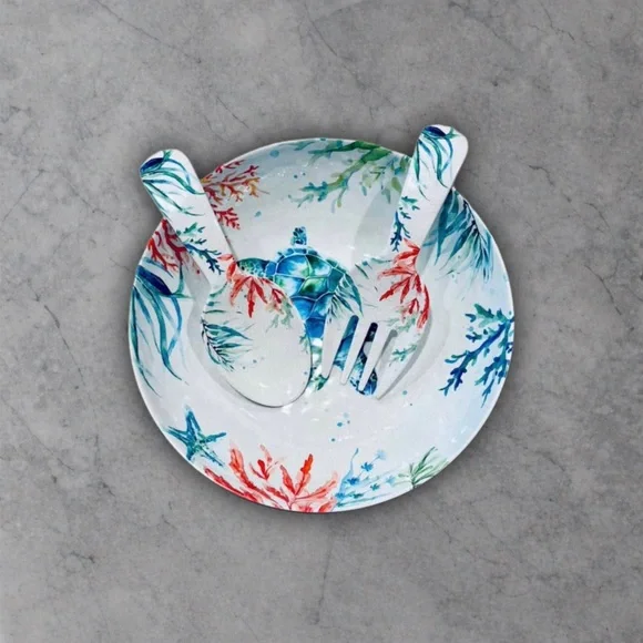 Blue & Green Sea Turtle Melamine serving bowl with Spoon and Fork New - Picture 2 of 4